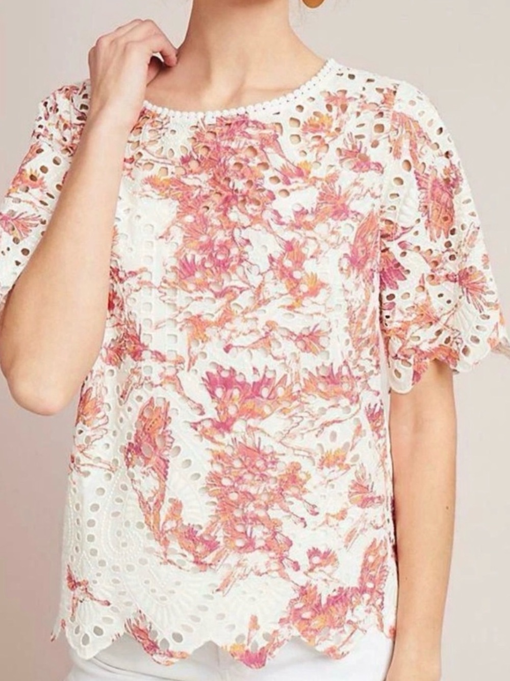 Anthropologie Porridge Coastal Grandma Eyelet Short Sleeve Peasant Top Sz L